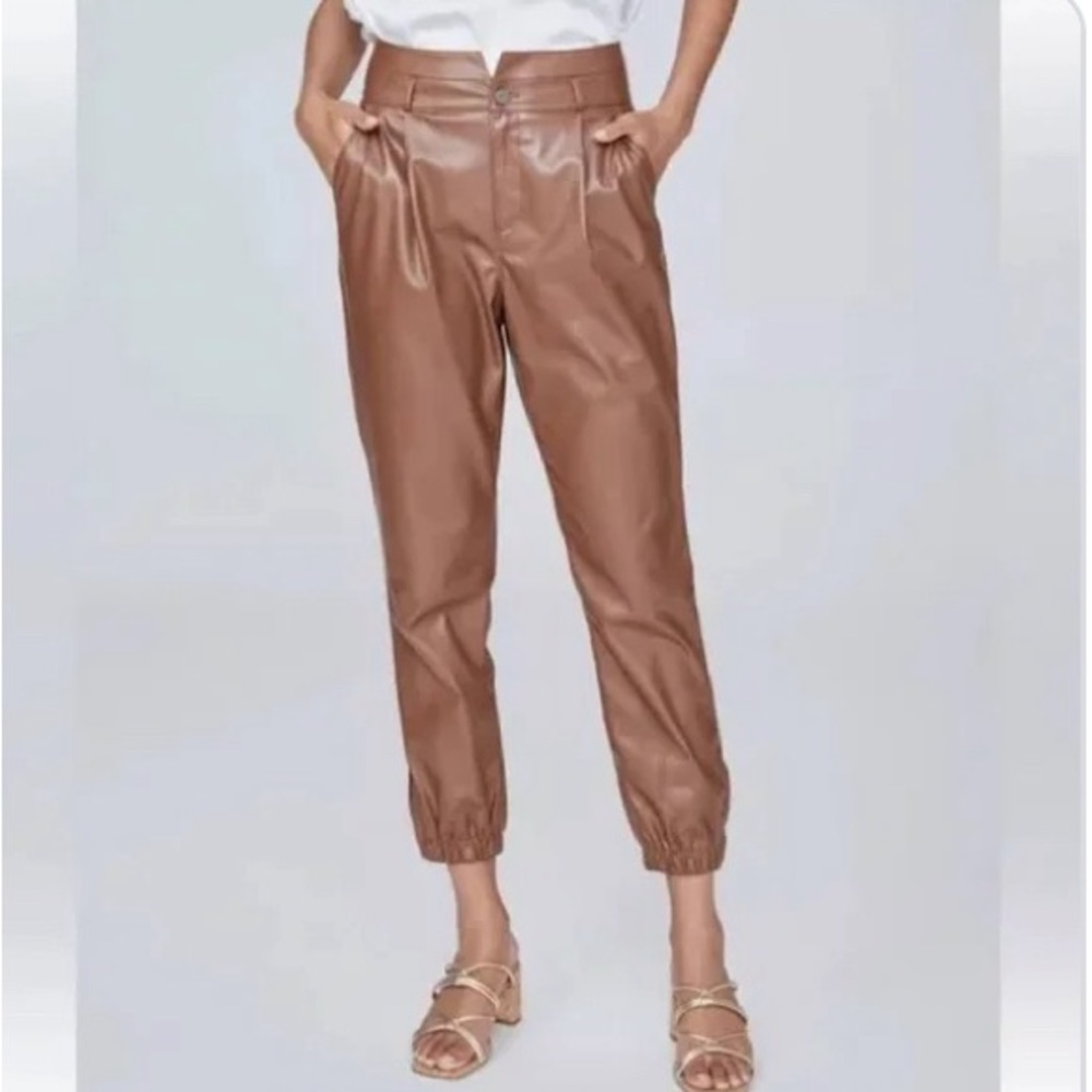 PAIGE | High Rise Pleated Mayslie Jogger - Cognac Vegan Leather, Size: 10